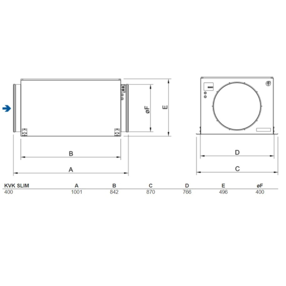 Systemair KVK Slim 400 kruhový ventilátor - rozměry