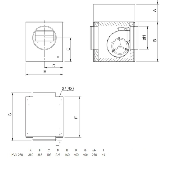 Systemair KVK 250 kruhový ventilátor - rozměry