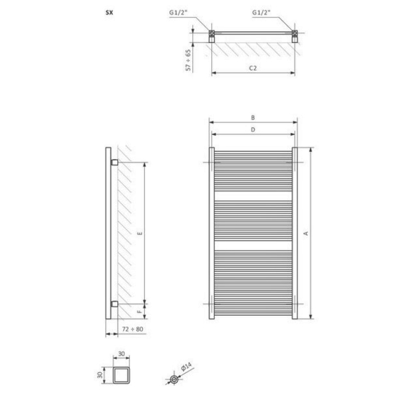 TERMA Mike designový radiátor Schéma a rozměry