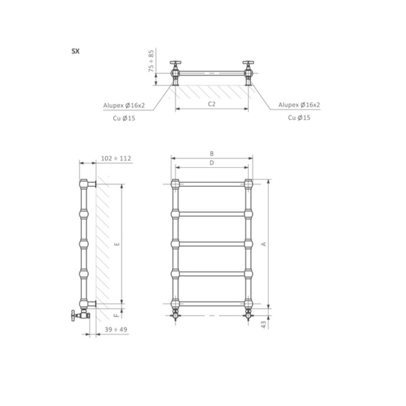 TERMA Retro designový radiátor - rozměry - Schéma