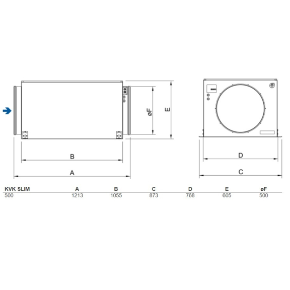 Systemair KVK Slim 500 kruhový ventilátor - rozměry