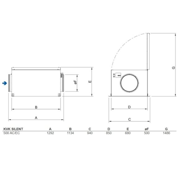 Systemair KVK Silent 500 kruhový ventilátor - rozměry