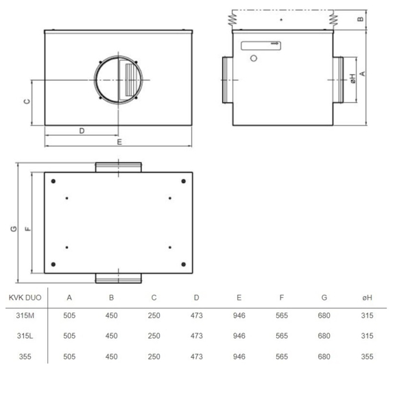 Systemair KVK DUO 315 L kruhový ventilátor - rozměry