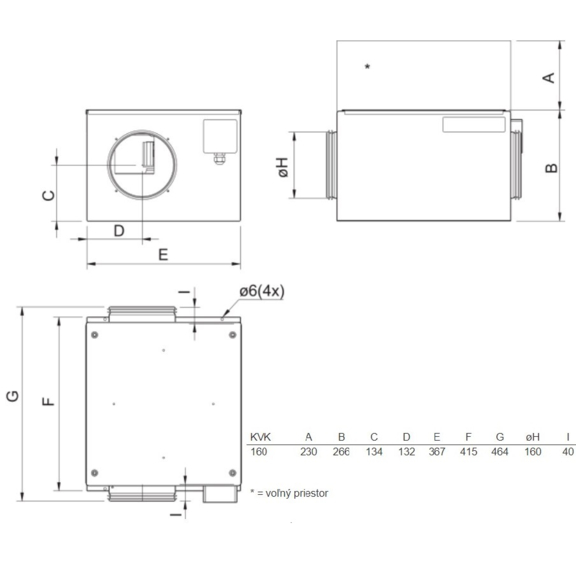 Systemair KVK 160 L kruhový ventilátor - rozměry