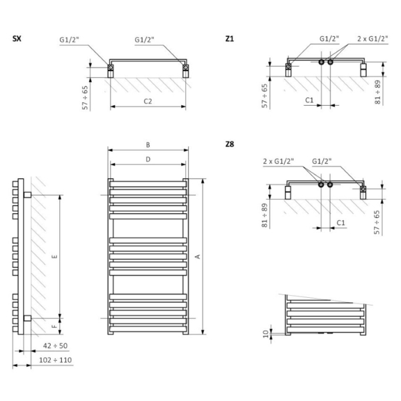TERMA Quadrus Slim designový radiátor - Schéma rozměrů