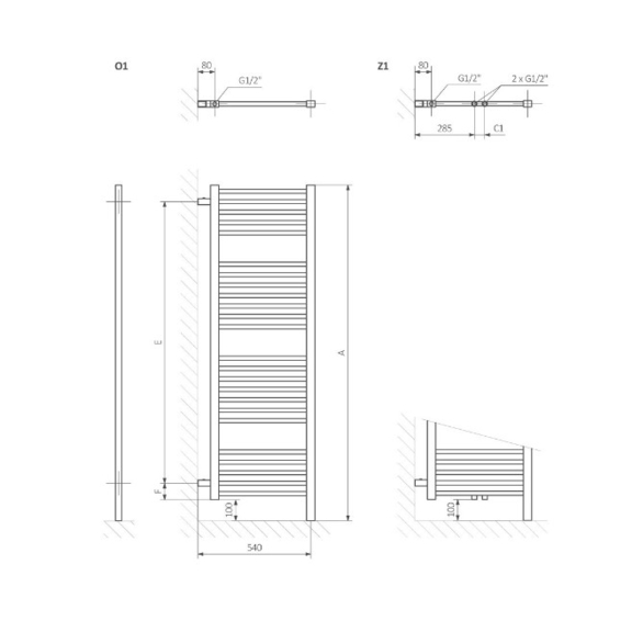 TERMA Bone DW koupelnový radiátor - Schéma