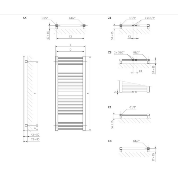 TERMA Bone koupelnový radiátor - Schématické zobrazení rozměrů