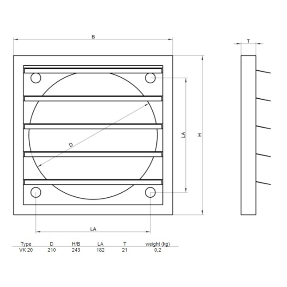 Systemair VK-20 žaluzie - rozměry