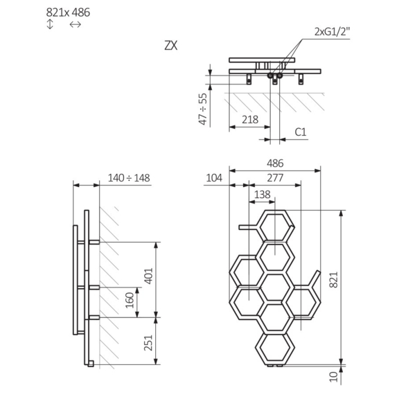 TERMA Hex designový radiátor 821x486 mm Schéma
