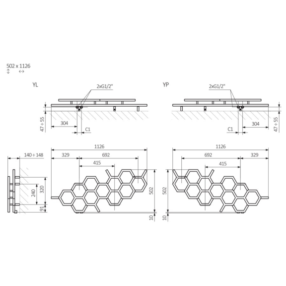 TERMA Hex designový radiátor 502x1126 mm Schéma