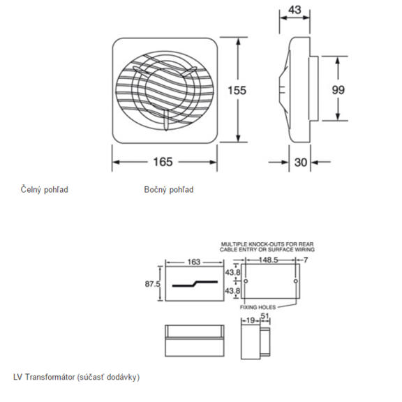 Ventilátor Xpelair LV 100 - rozměry