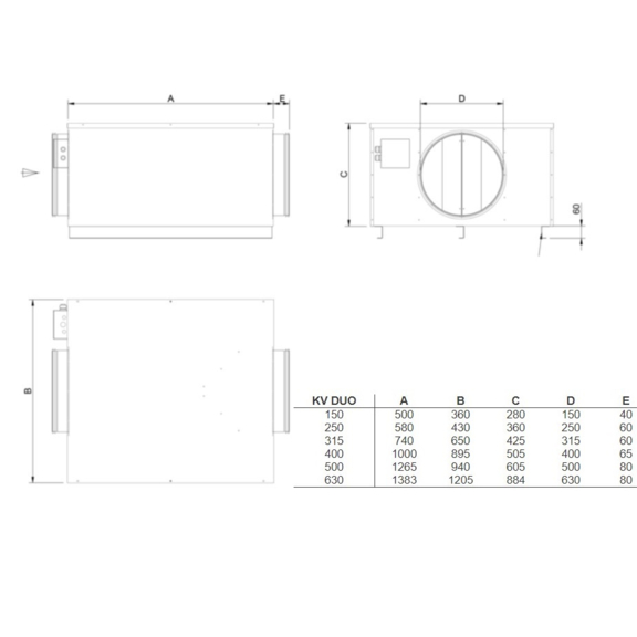 Systemair KV DUO 150 EC kruhový ventilátor - rozměry