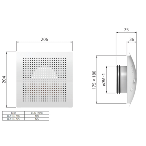 BOR-S 100 stěnový difuzor - rozměry