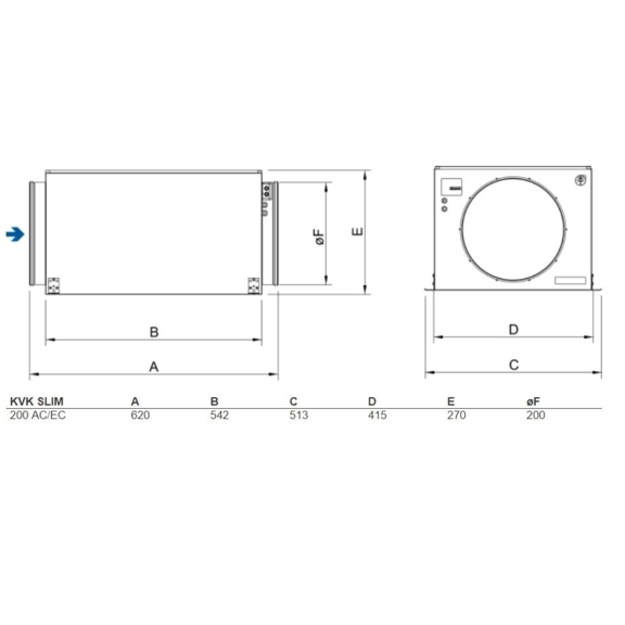 Systemair KVK Slim 200 kruhový ventilátor - rozměry