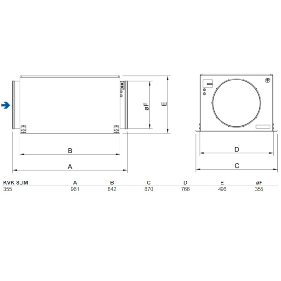 Systemair KVK Slim 355 kruhový ventilátor - rozměry