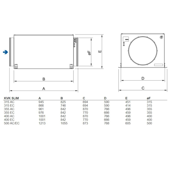 Systemair KVK Slim 315EC kruhový ventilátor - rozměry