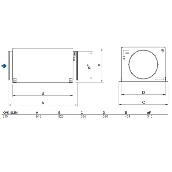 Systemair KVK Slim 315 kruhový ventilátor - rozměry