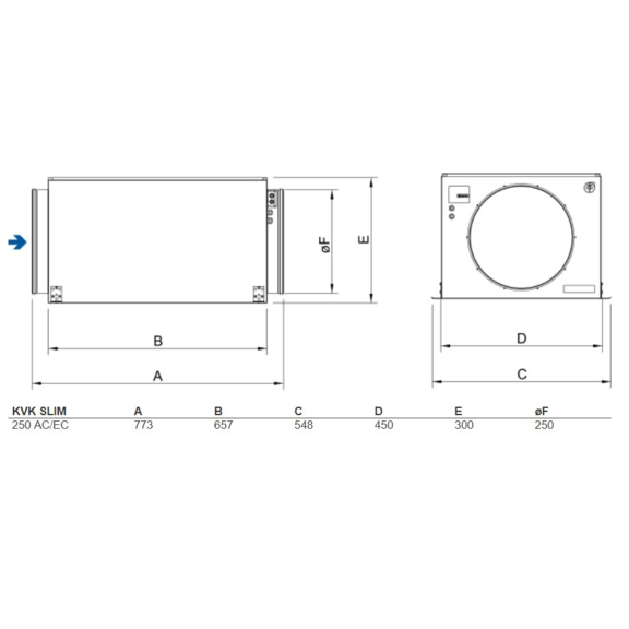 Systemair KVK Slim 250 kruhový ventilátor - rozměry
