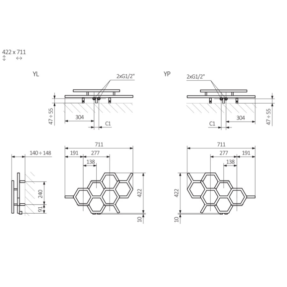 TERMA Hex designový radiátor 422x711 mm Schéma