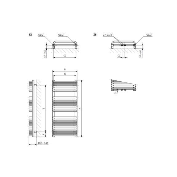 TERMA Tytus koupelnový radiátor Schéma - rozměry
