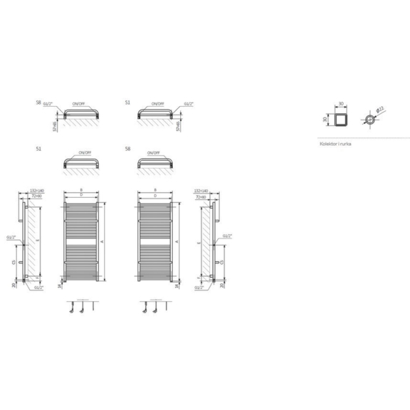 TERMA Lima ONE koupelnový radiátor RAL 9016 rozměry - schéma
