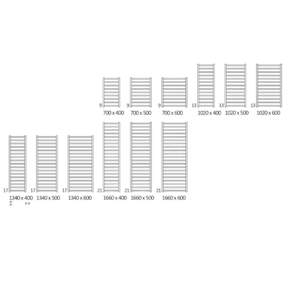 TERMA Step elektrický dizajnový radiátor - rozmery