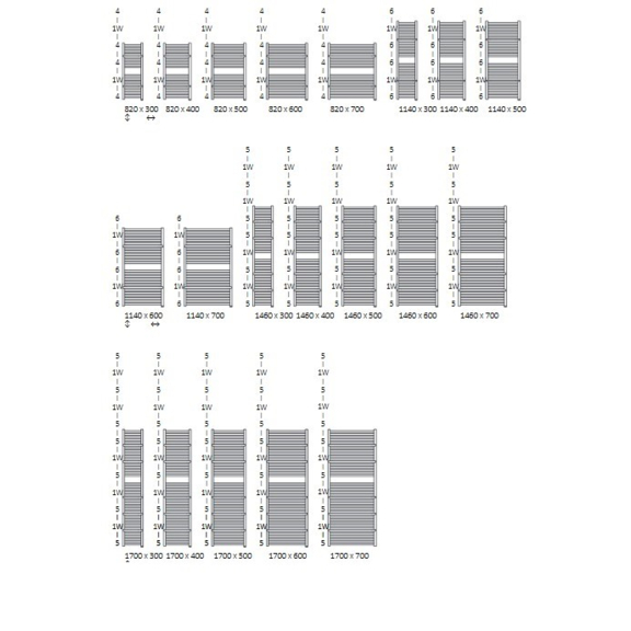 TERMA Lima ONE koupelnový radiátor Dostupné velikosti