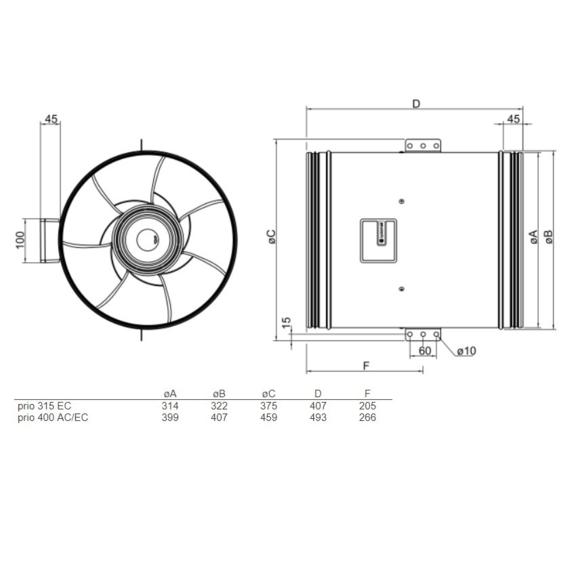 Systemair prio 315 EC kruhový ventilátor - rozměry
