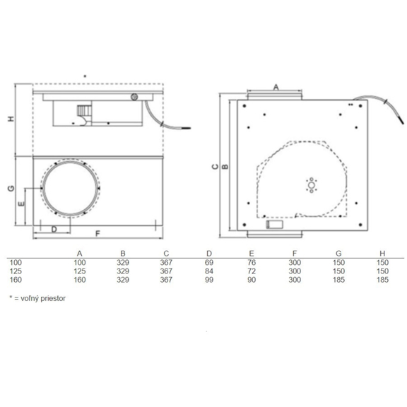 Systemair KVK Slim 100 kruhový ventilátor - rozměry