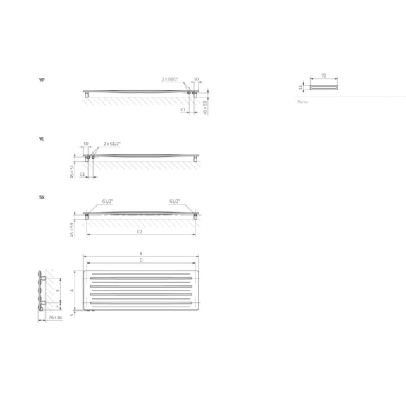 TERMA Aero H designový radiátor Schématické zobrazení rozměrů