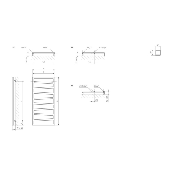 TERMA Zigzag koupelnový radiátor Schématický nákres