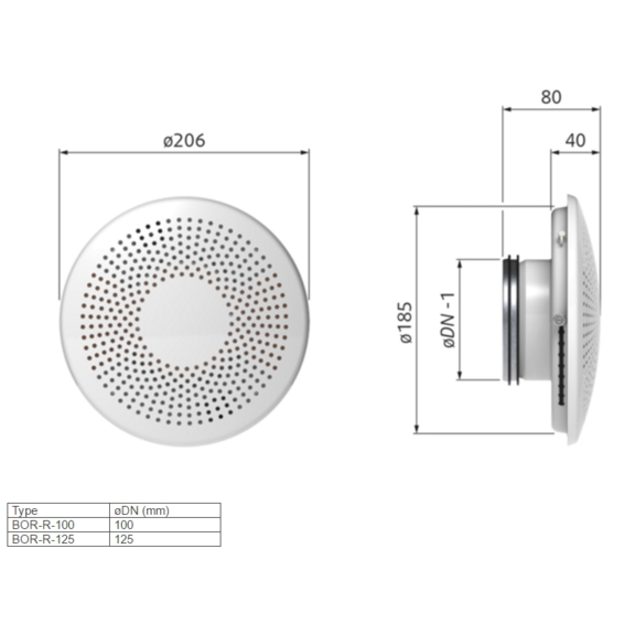 BOR-R 100 stěnový difuzor - rozměry