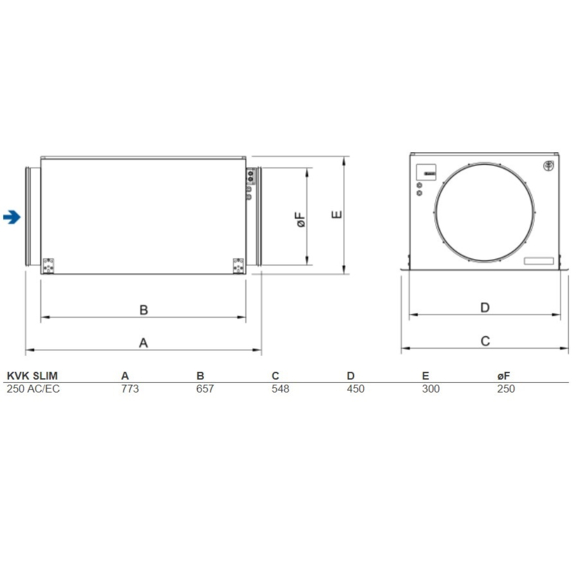 Systemair KVK Slim 250EC kruhový ventilátor - rozměry