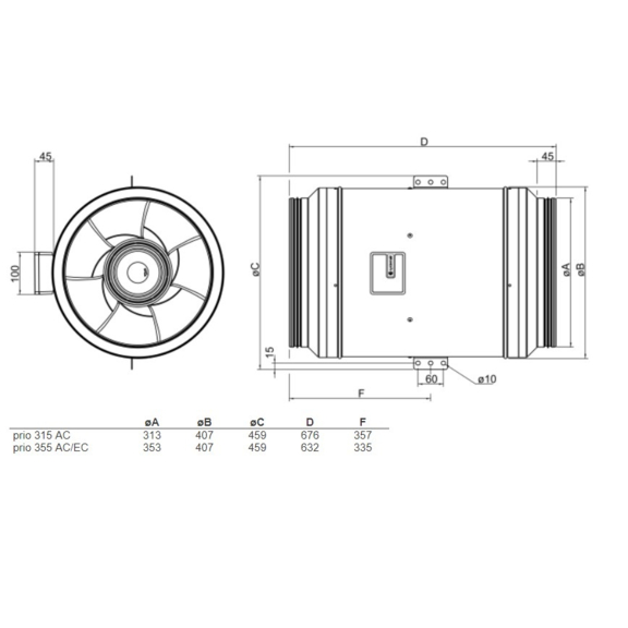 Systemair prio 355 EC kruhový ventilátor - rozměry