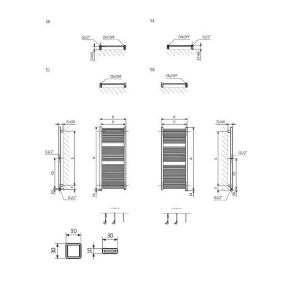 TERMA Mike ONE designový radiátor Schéma rozměrů