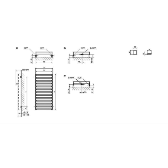 TERMA City koupelnový radiátor - Rozměry - nákres
