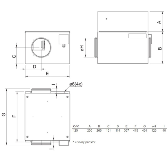 Systemair KVK 125 kruhový ventilátor - rozměry