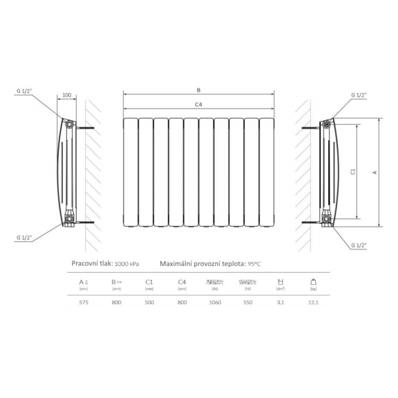 TERMA Camber vodní radiátor pod okno - technický nákres