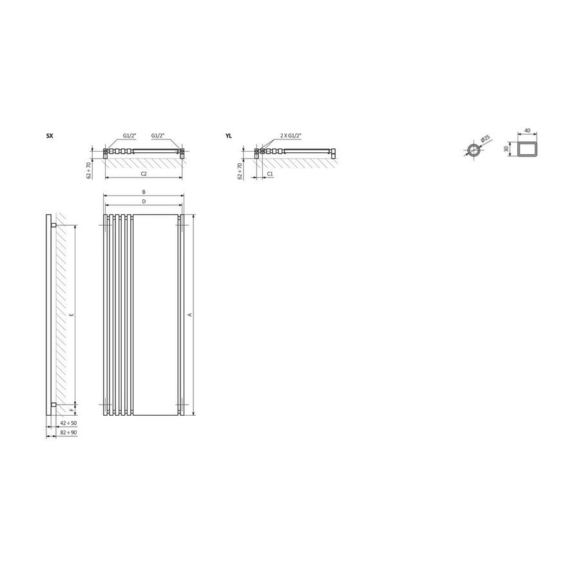 TERMA Triga M designový radiátor se zrcadlem Schéma