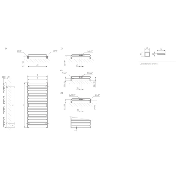 TERMA Warp T Bold designový radiátor Schéma k montáži