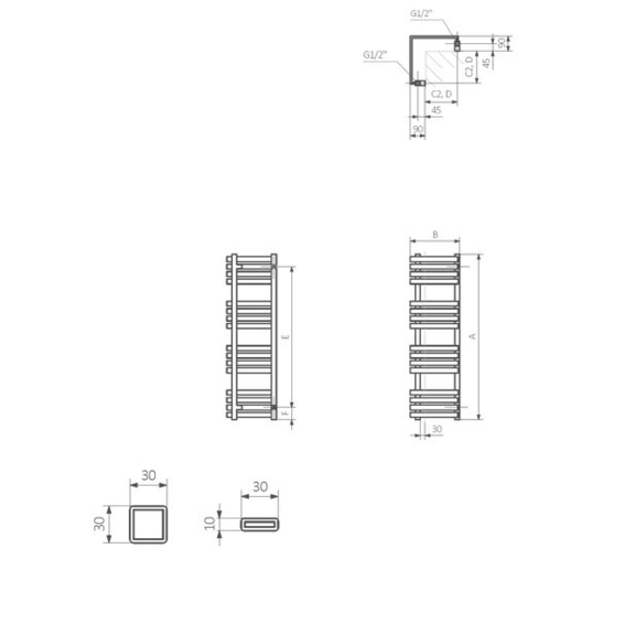 TERMA Outcorner rohový radiátor - Schéma - rozměry