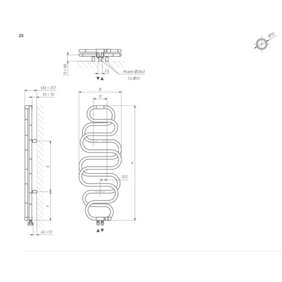 TERMA Perla designový radiátor - Schématické zobrazení