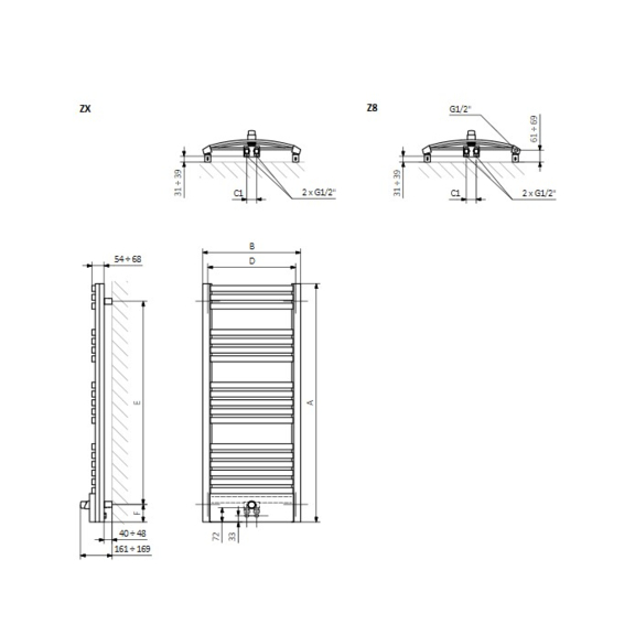 TERMA Dexter Pro koupelnový radiátor - rozměry