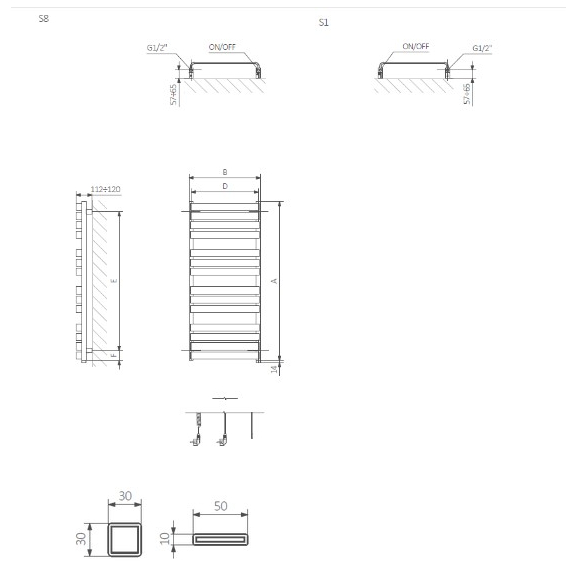 TERMA Warp T ONE designový radiátor Schémata k instalaci