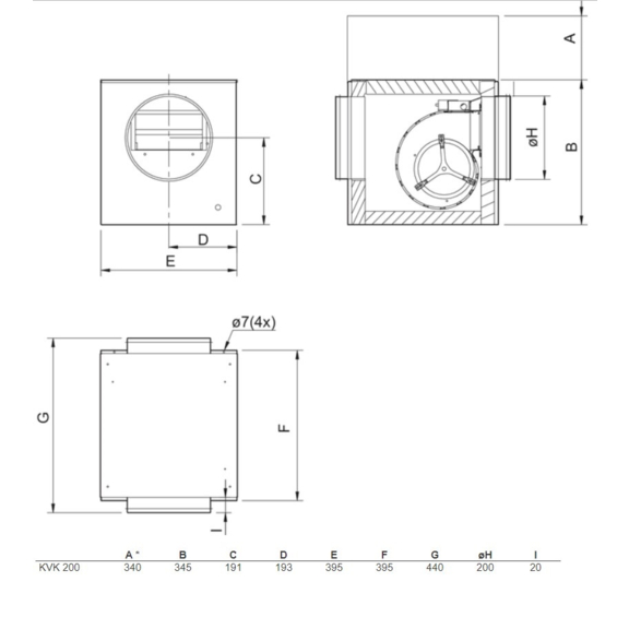 Systemair KVK 200 kruhový ventilátor - rozměry