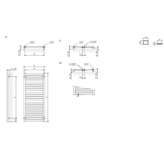 TERMA Mantis designový radiátor - rozměry - schéma