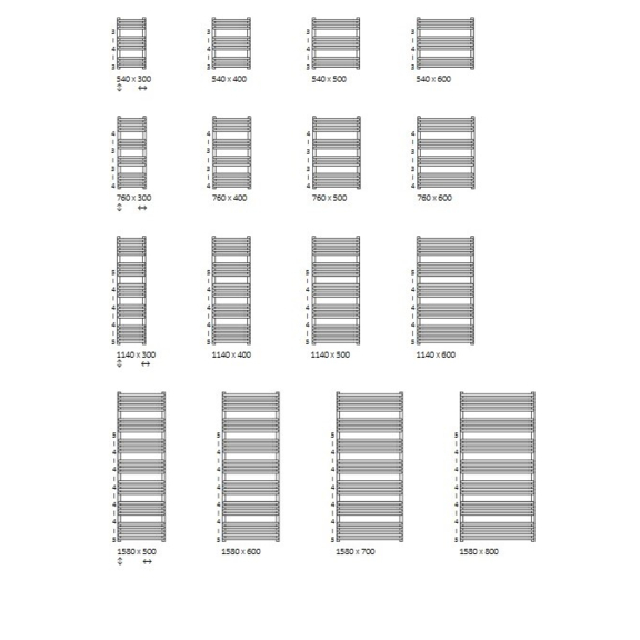 TERMA Alex designový radiátor Dostupné velikosti