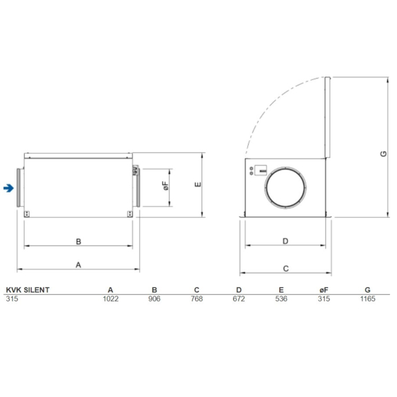 Systemair KVK Silent 315 kruhový ventilátor - rozměry