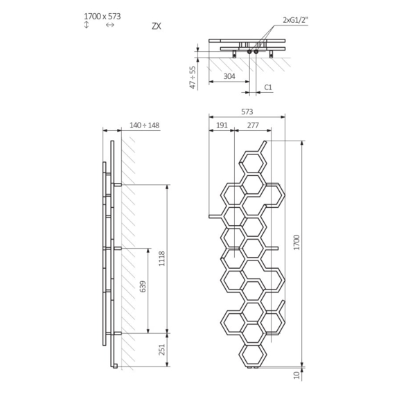 TERMA Hex designový radiátor 1700x573 mm Schéma