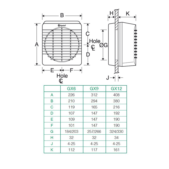 Ventilátor Xpelair GX 6 - rozměry